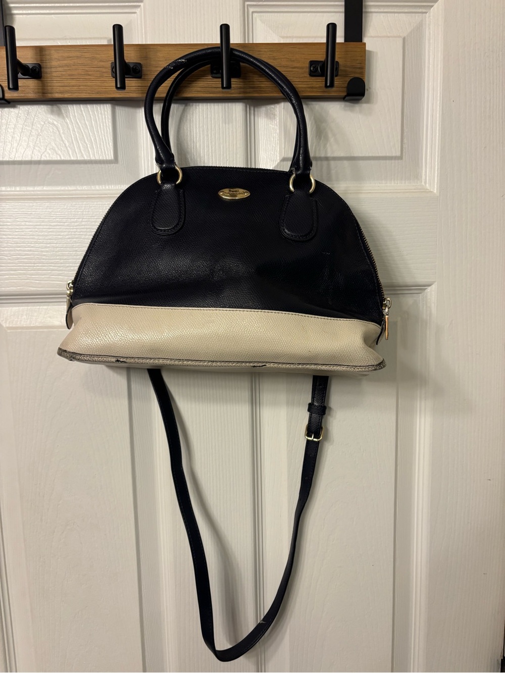 Coach Navy and Cream Dome Satchel Handbag with Crossbody Strap